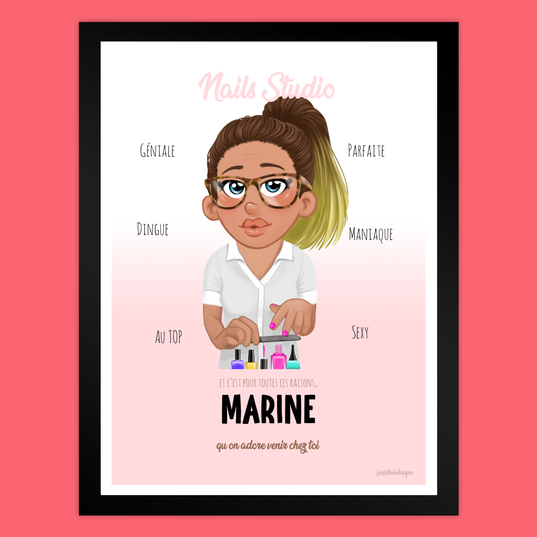 Personalisierte Illustration einer Nageldesignerin mit Zubehör und Hintergrund