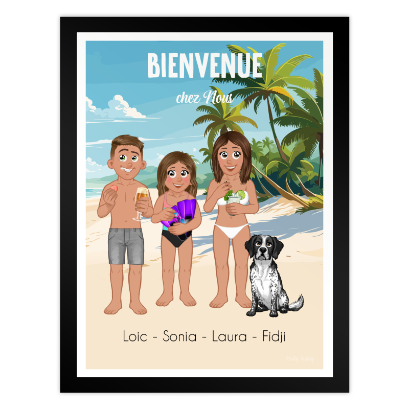 personalisiertes willkommen bei uns poster familie strand paar kind hund sommer motiv