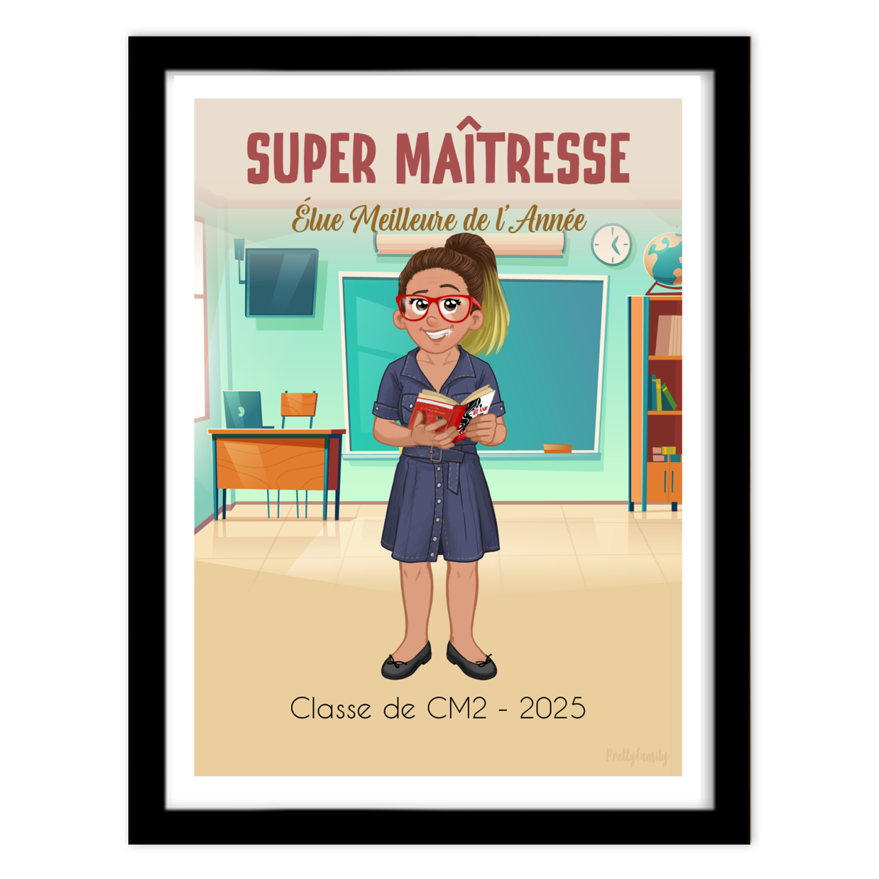 Personalisierte Illustration einer Lehrerin mit Avatar und Klassenzimmer- oder Tafelhintergrund