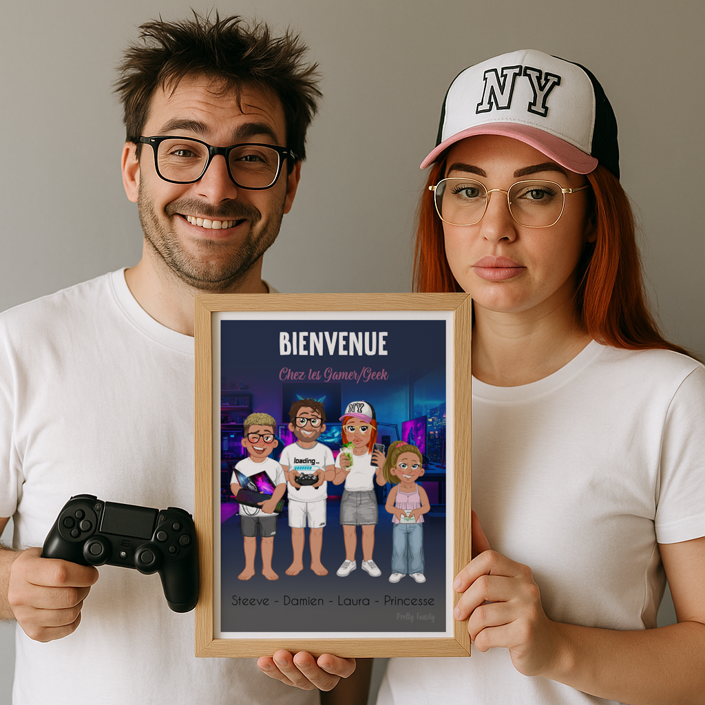 Personalisierte Avatar-Illustration einer Geek-/Gamer-Familie