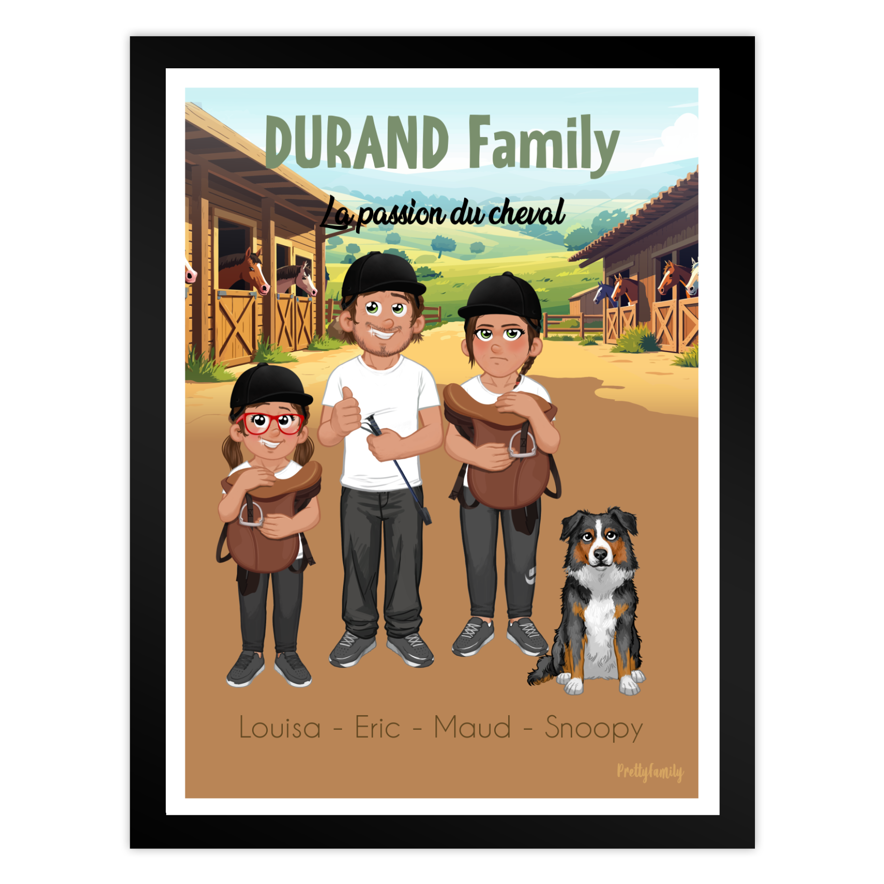 Personalisierte Familienillustration Reiterstil mit Avataren – Hintergrund Reitstall und Felder – verrueckte familie Stil