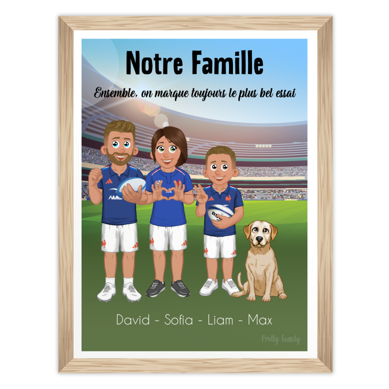 Personalisiertes Rugby-Familienposter mit Avataren im Trikot und Stadionhintergrund