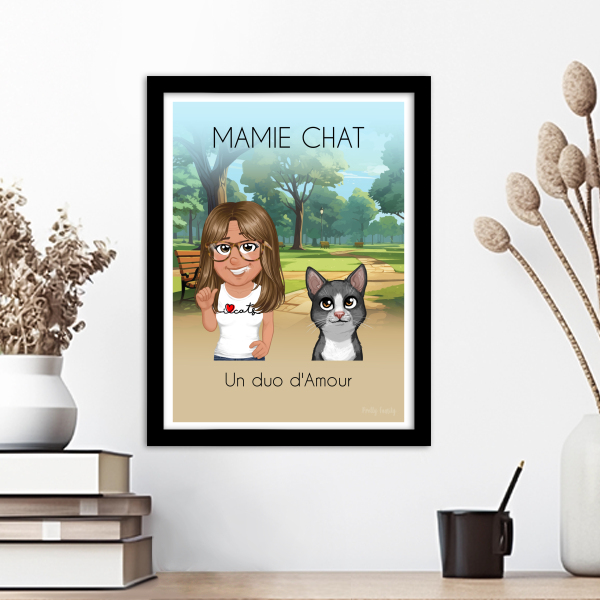 Personalisiertes Oma und ihre Katze Poster, moderner Illustrationsstil, Geschenk zum Großmuttertag